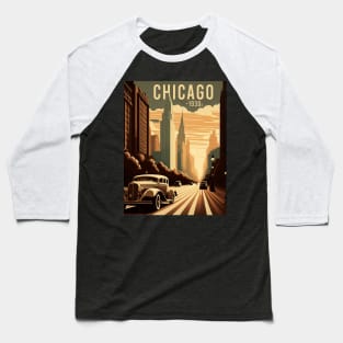 1930s Chicago at Sunset: Stunning Vector Landscape Baseball T-Shirt